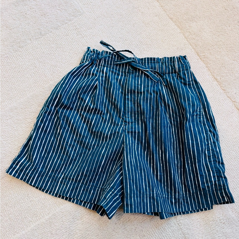 Uniqlo x Marimekko Striped Linen/Cotton Elastic Teal Paper Bag Shorts size xs